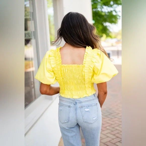 ENDLESS ROSE Smocked Puff Sleeve Top In Yellow - Picture 2 of 7